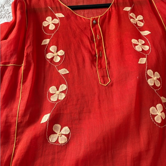 Elegant Red Floral Embroidered Long Sleeve Dress - Picture 12 of 12